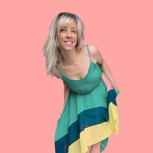 Sleeveless Colorblock Midi Dress in Teal, Navy & Yellow